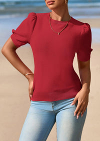 PRETTYGARDEN Womens Tops Spring Summer Puff Short Sleeve Sweater Crewneck Knit Work Blouses Dressy Casual Trendy Shirts PRETTYGARDEN