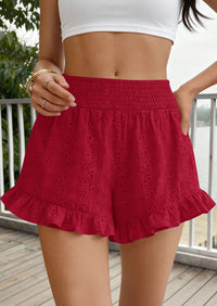 PRETTYGARDEN Summer Shorts for Women Boho Elastic Waist Ruffle Casual Hollow Out Embroidered Beach Bottoms with Pockets PRETTYGARDEN