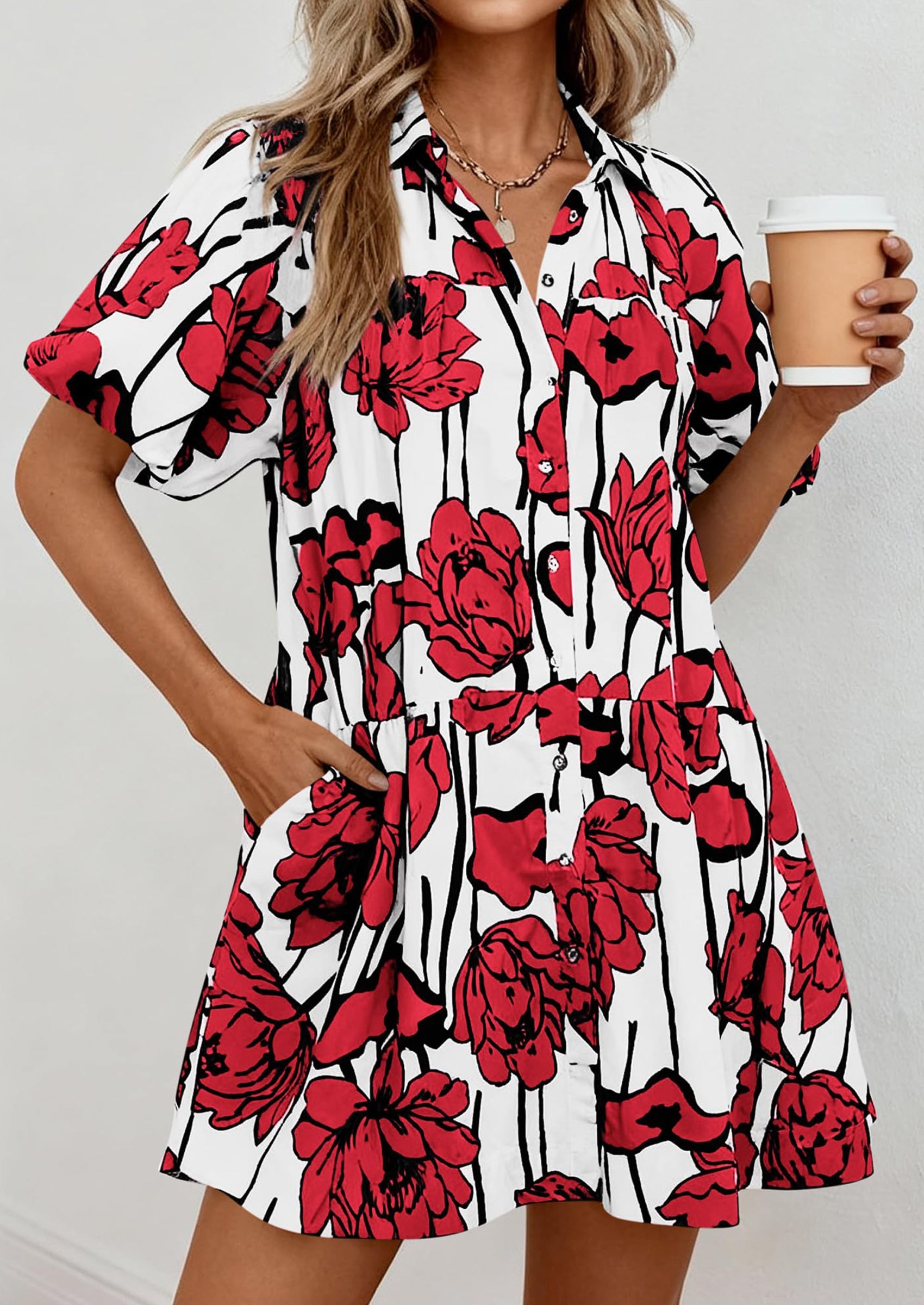PRETTYGARDEN Womens Summer Dresses 2026 Casual Puff Sleeve Button Down Mini Shirt Dress Boho Floral Babydoll Sun Dress PRETTYGARDEN