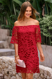 PRETTYGARDEN Women's Summer Off Shoulder Dresses Floral Lace Flare Short Sleeve Spring Vintage Elegant Mini Dress