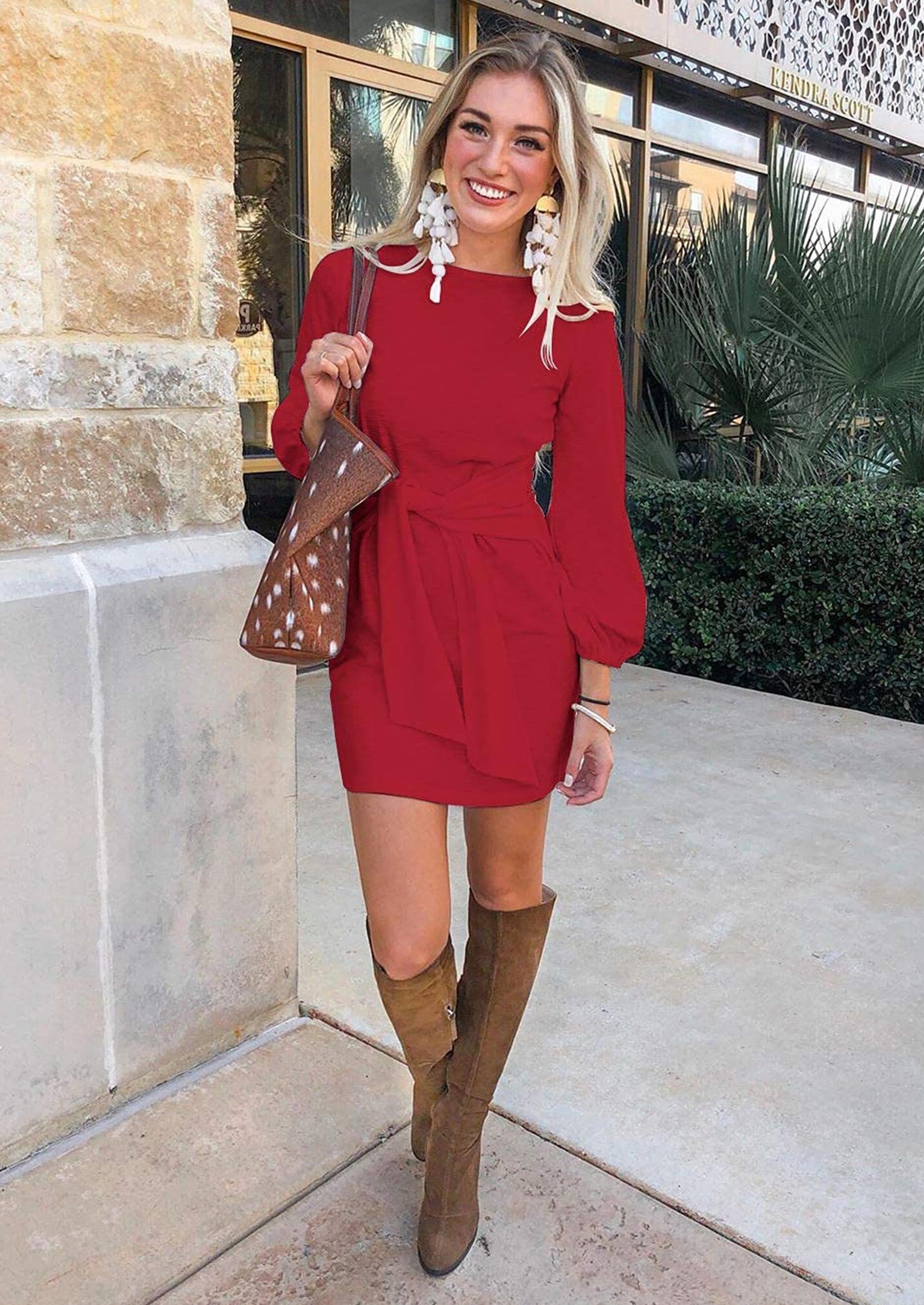 PRETTYGARDEN Womens Fall Elegant Long Lantern Sleeve Short Dress Wedding Guest Crewneck Tie Waist Knit Cocktail Dresses PRETTYGARDEN