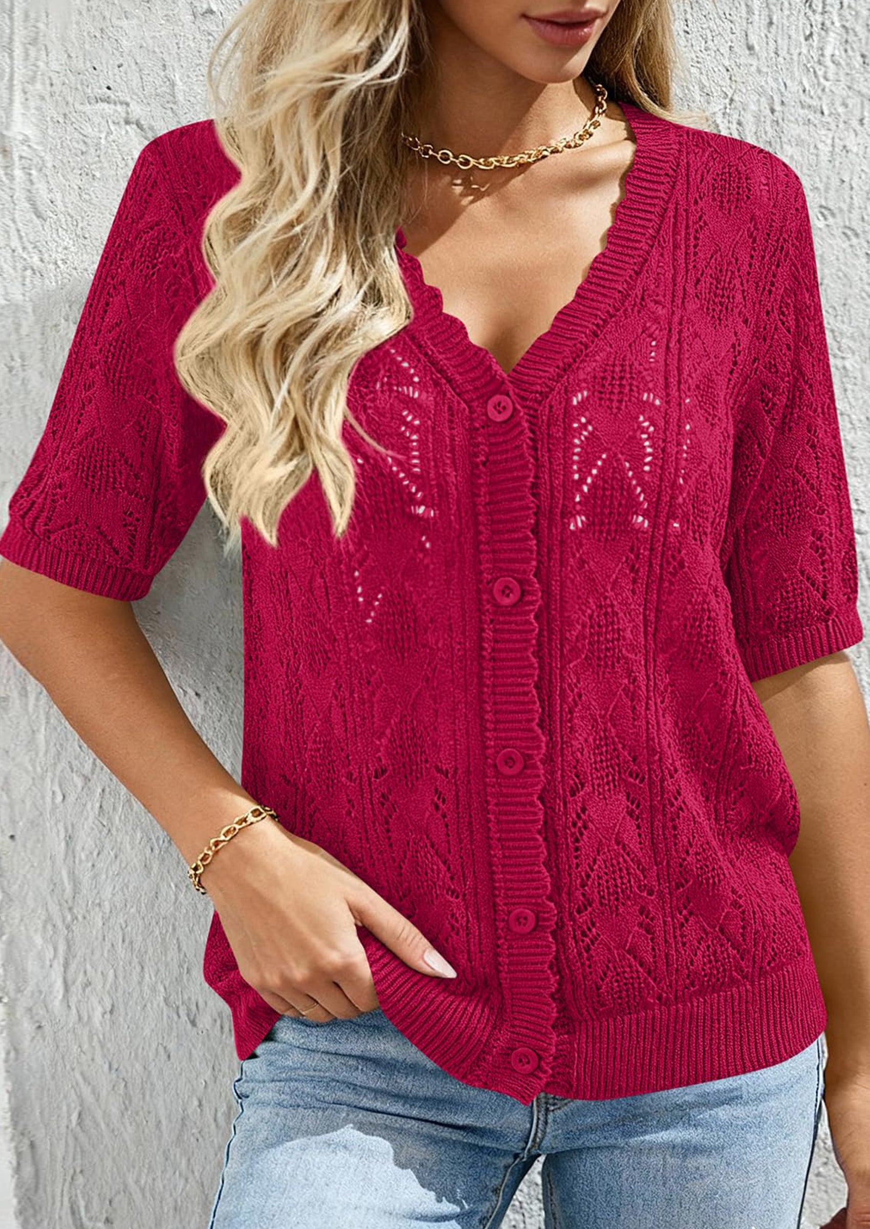 PRETTYGARDEN Short Sleeve Crochet Knit Summer Cardigans for Women Lightweight Button Down Hollow Out Sweater Beach Cover Up PRETTYGARDEN