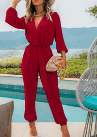 PRETTYGARDEN Women's Fall Jumpsuits Dressy Casual Pants Romper Spring Long Sleeve V Neck Belt Pockets One Piece Outfits