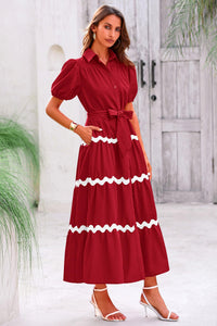 Summer Maxi Button Down Puff Short Sleeve Ruffle Long Flowy Shirt Dresses With Belt