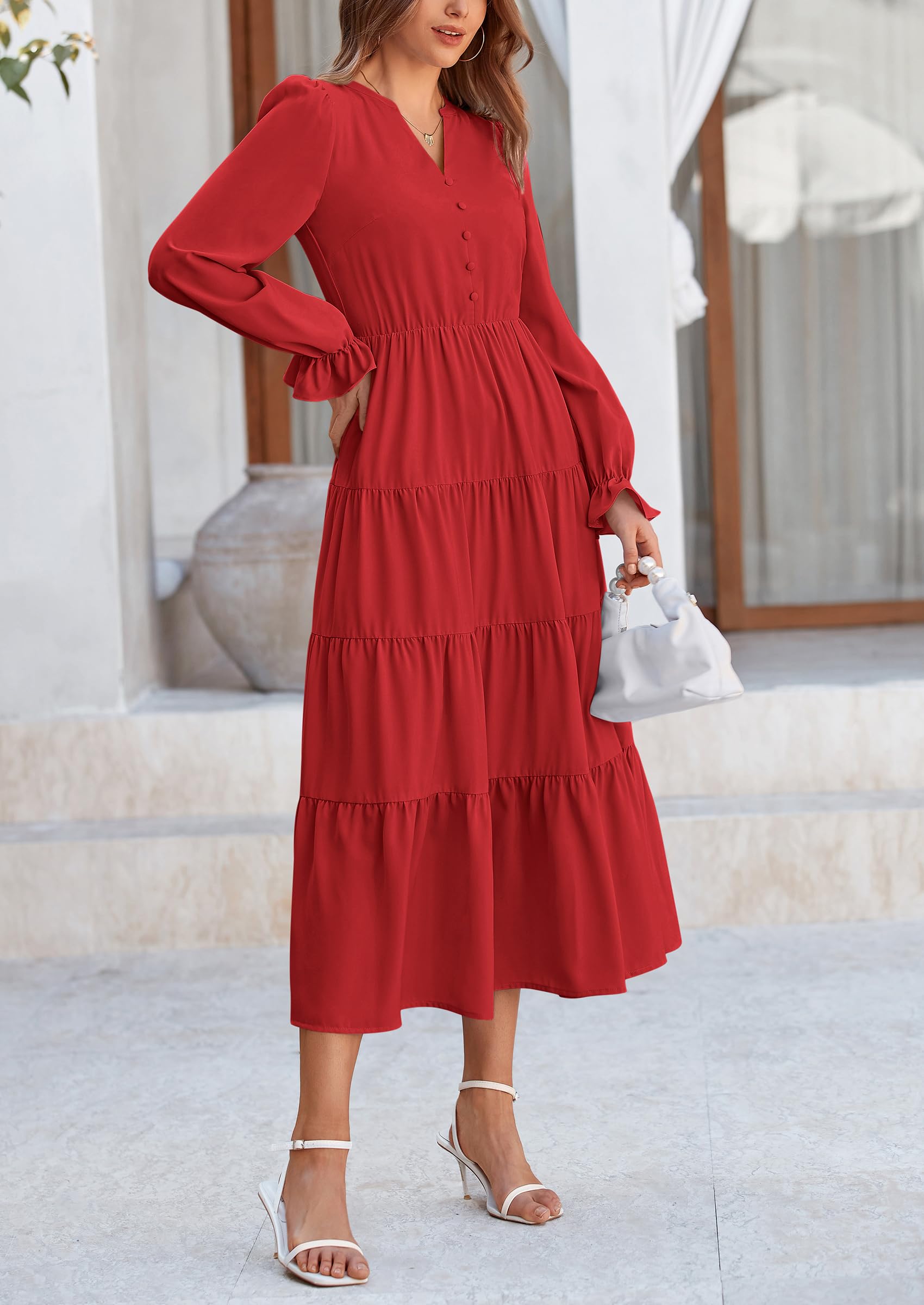 PRETTYGARDEN Women Fall Long Sleeve Smocked Maxi Dress Casual Square Neck Swiss Dot Tiered Ruffle Flowy Spring Pocket Dresses