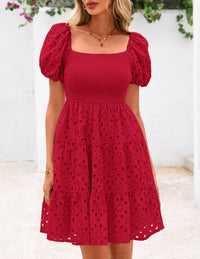 Womens Summer Puff Sleeve Mini Dress Off Shoulder Eyelet Smocked A Line Casual Babydoll Short Dresses