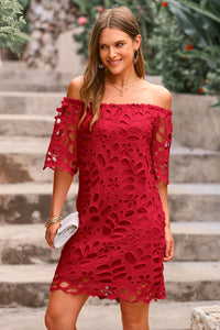 PRETTYGARDEN Women's Summer Off Shoulder Dresses Floral Lace Flare Short Sleeve Spring Vintage Elegant Mini Dress