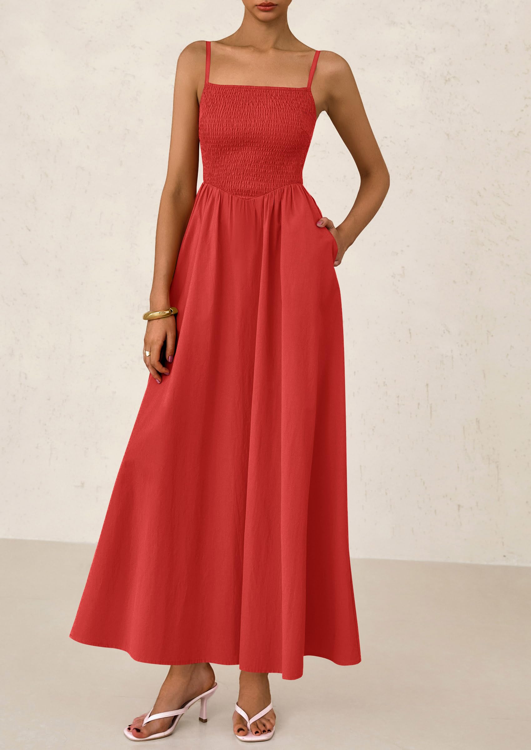 PRETTYGARDEN Women's Smocked Maxi Dresses Beach Sundress Casual Spaghetti Strap Swing A Line Long Flowy Dress