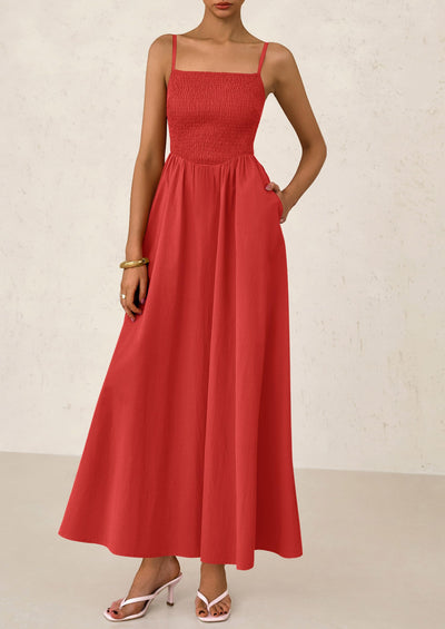 PRETTYGARDEN Women's Smocked Maxi Dresses Beach Sundress Casual Spaghetti Strap Swing A Line Long Flowy Dress