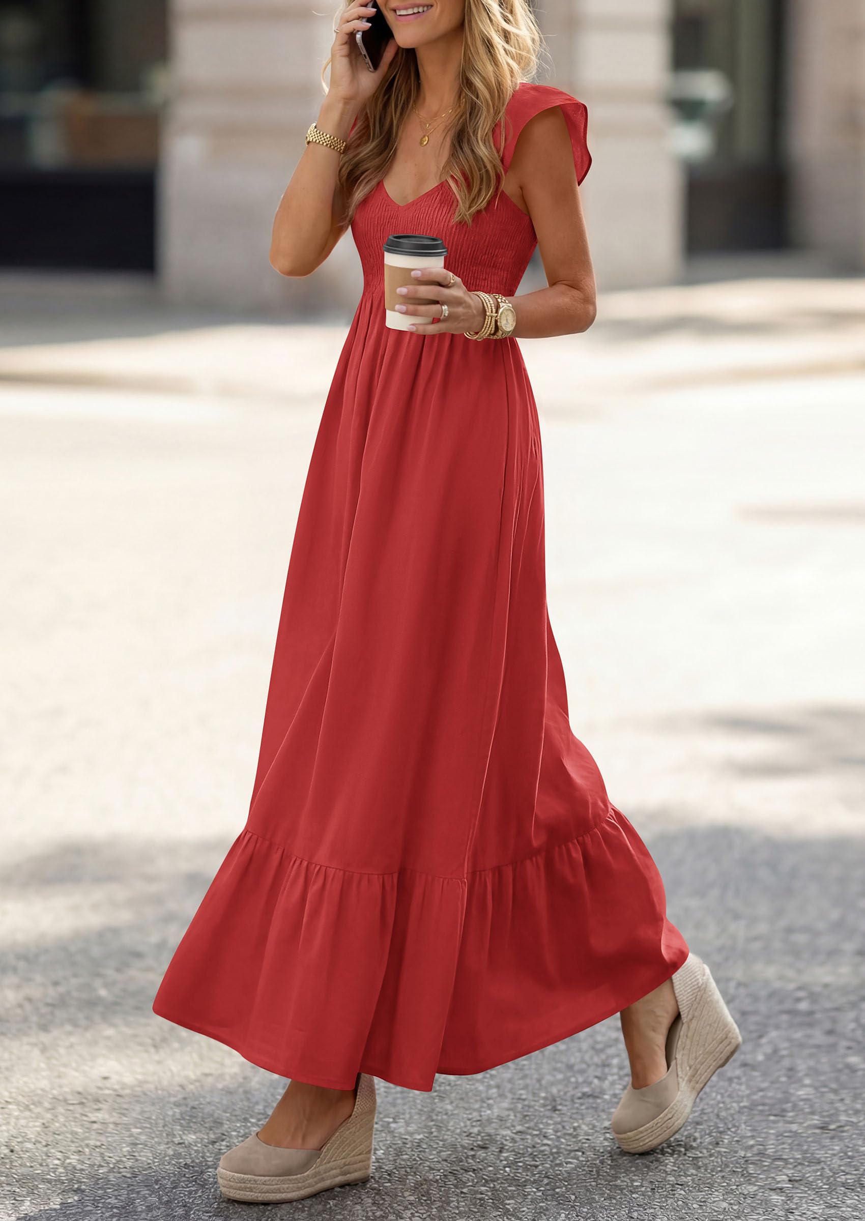 PRETTYGARDEN Women's Summer Casual Maxi Dresses Cap Sleeve V Neck Smocked Long Pockets Party Sundress Vacation Outfits PRETTYGARDEN