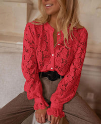 PRETTYGARDEN Women's Dressy Casual Lace Blouse Long Sleeve Button Up Shirts Tops Spring Fall Fashion Clothes