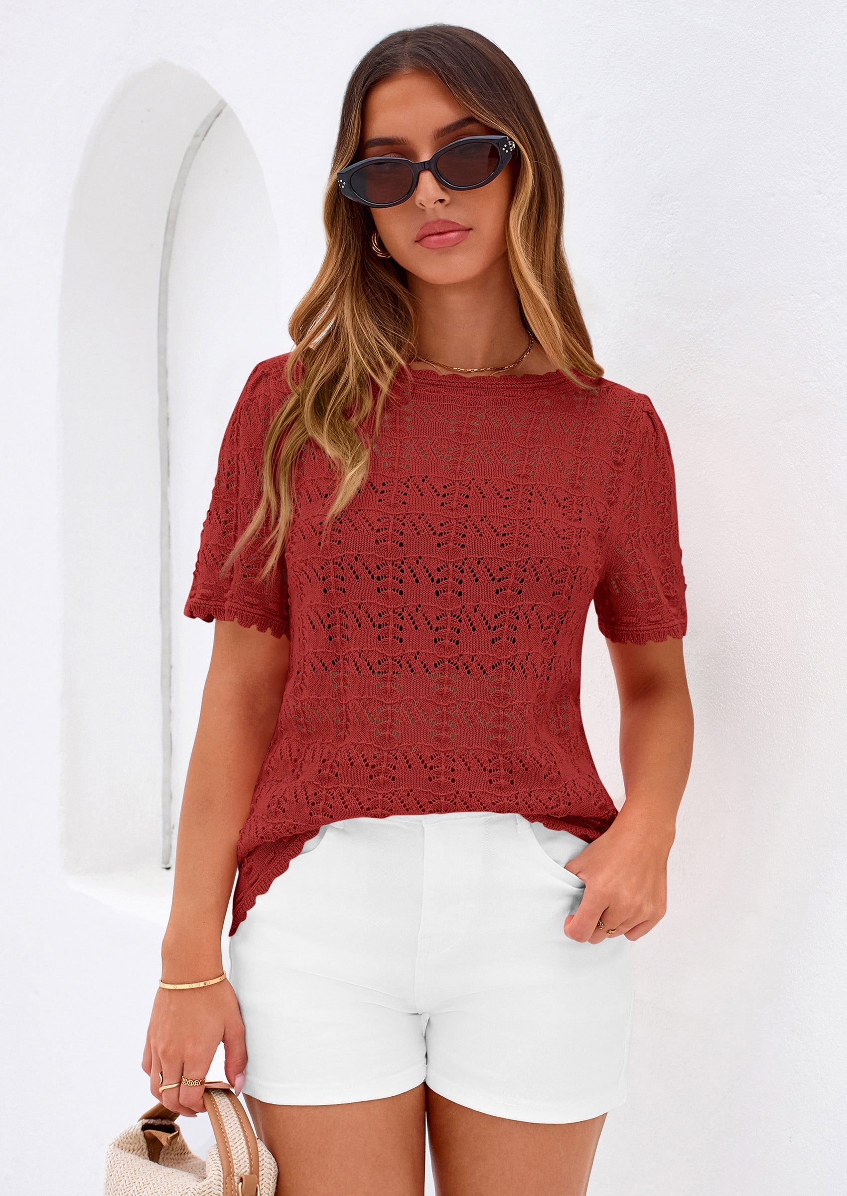 PRETTYGARDEN Women's Short Sleeve Sweater Trendy Crochet Summer Tops Casual Hollow Out Shirts Beach Vacation Clothes PRETTYGARDEN
