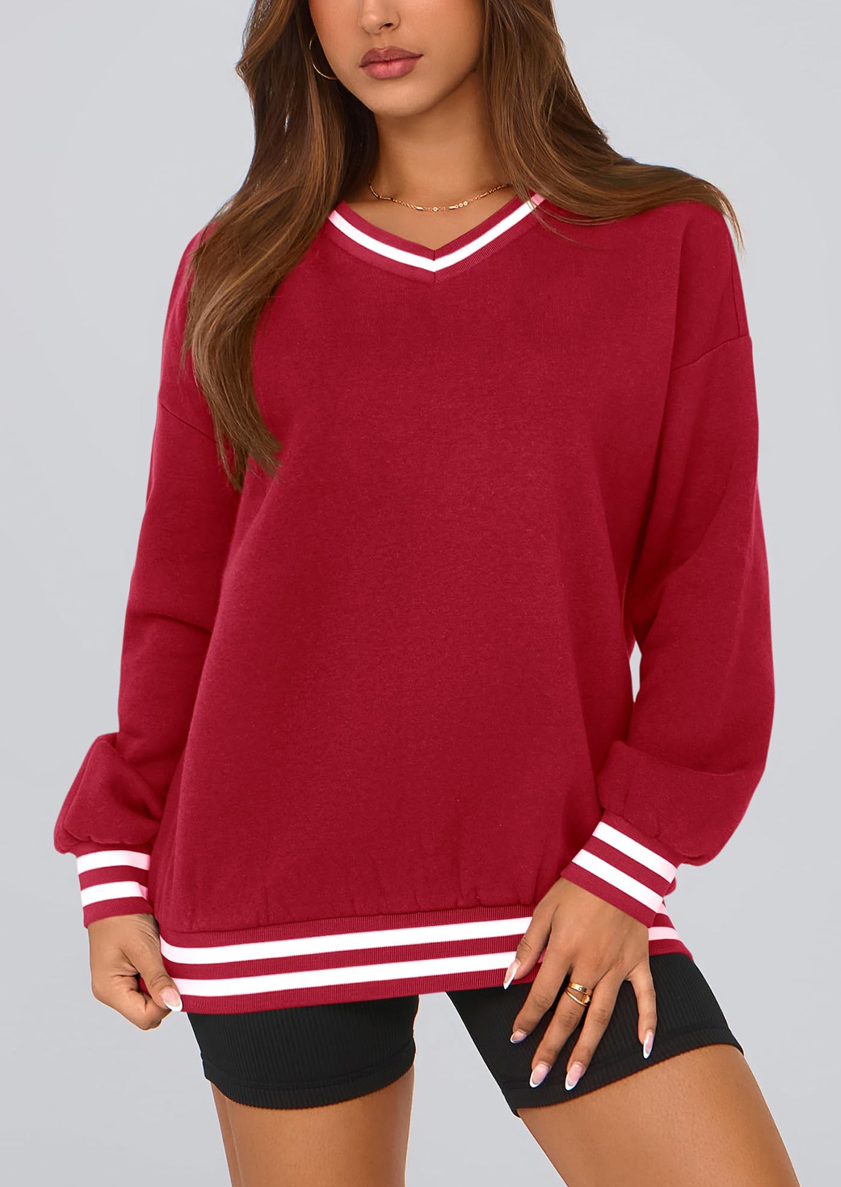 PRETTYGARDEN Women's Oversized Sweatshirts Casual Long Sleeve Stripes Knit V Neck Pullover Top Fall Teens Preppy Clothes