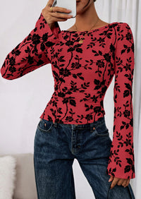 PRETTYGARDEN Women Long Sleeve Floral Mesh Tops Blouse  Fall Trendy Boat Neck Ruched Fitted Shirt Going Out Date Outfits