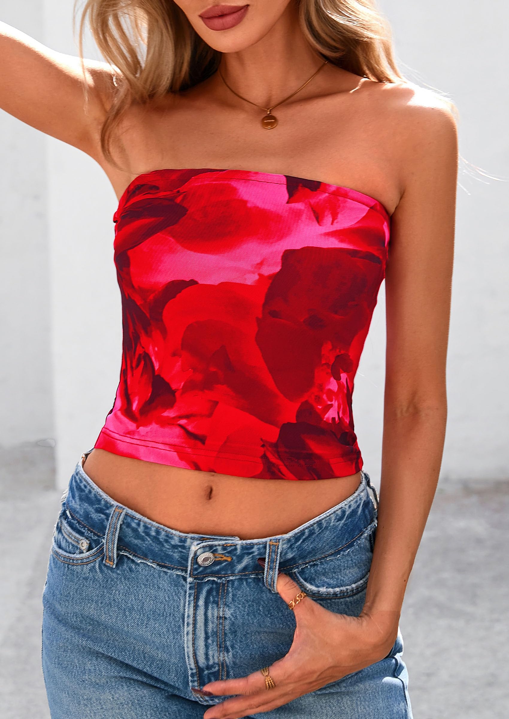 PRETTYGARDEN Strapless Tube Tops for Women Summer Mesh Floral Y2K Bandeau Cute Crop Top Trendy Going Out Outfits