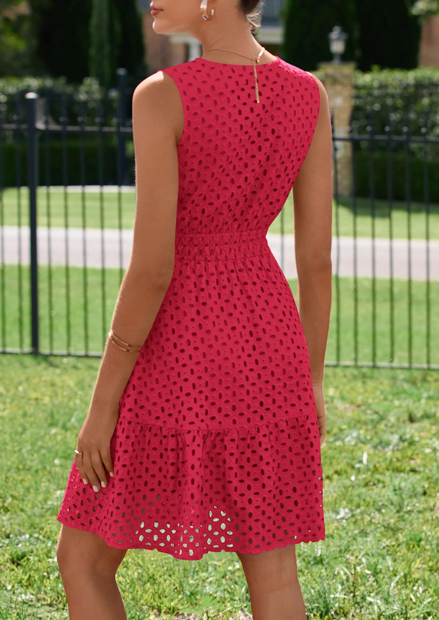 PRETTYGARDEN Women's Summer Dresses Sleeveless V Neck Eyelet Hollow Out Swing A Line Beach Vacation Sun Dress PRETTYGARDEN