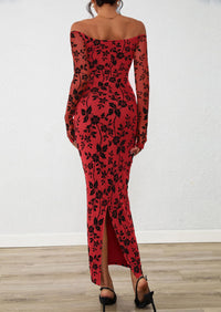 PRETTYGARDEN Womens Off The Shoulder Floral Maxi Bodycon Dress Fall Long Sleeve Mesh Fitted Long Formal Wedding Guest Dresses PRETTYGARDEN