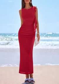 PRETTYGARDEN Women's Summer Maxi Dresses Sleeveless Ruffle Formal Wedding Guest Cocktail Mesh Bodycon Split Long Dress PRETTYGARDEN