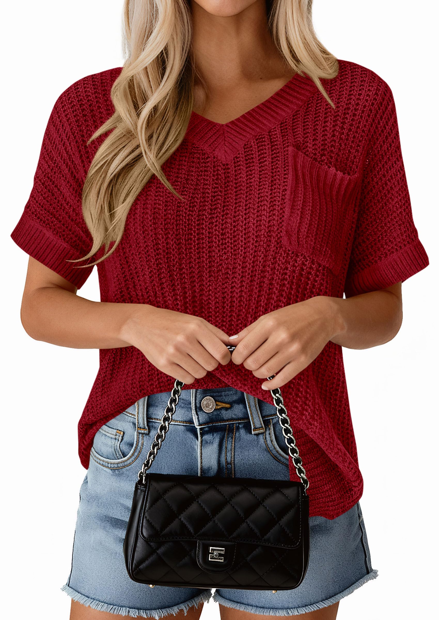 PRETTYGARDEN Women's Spring Short Sleeve Sweaters Lightweight V Neck Casual Going Out Summer T PRETTYGARDEN