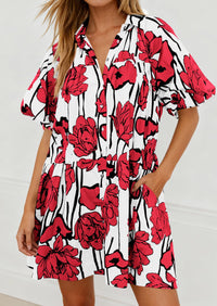 PRETTYGARDEN Womens Summer Dresses 2026 Casual Puff Sleeve Button Down Mini Shirt Dress Boho Floral Babydoll Sun Dress PRETTYGARDEN