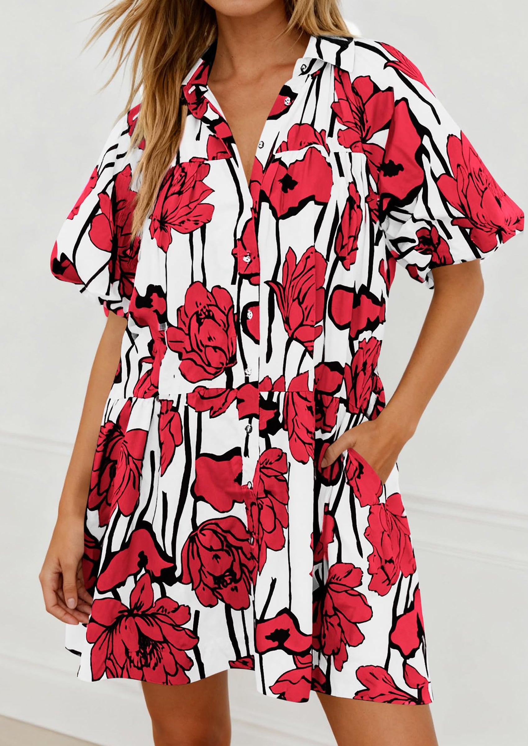 PRETTYGARDEN Womens Summer Dresses 2026 Casual Puff Sleeve Button Down Mini Shirt Dress Boho Floral Babydoll Sun Dress PRETTYGARDEN