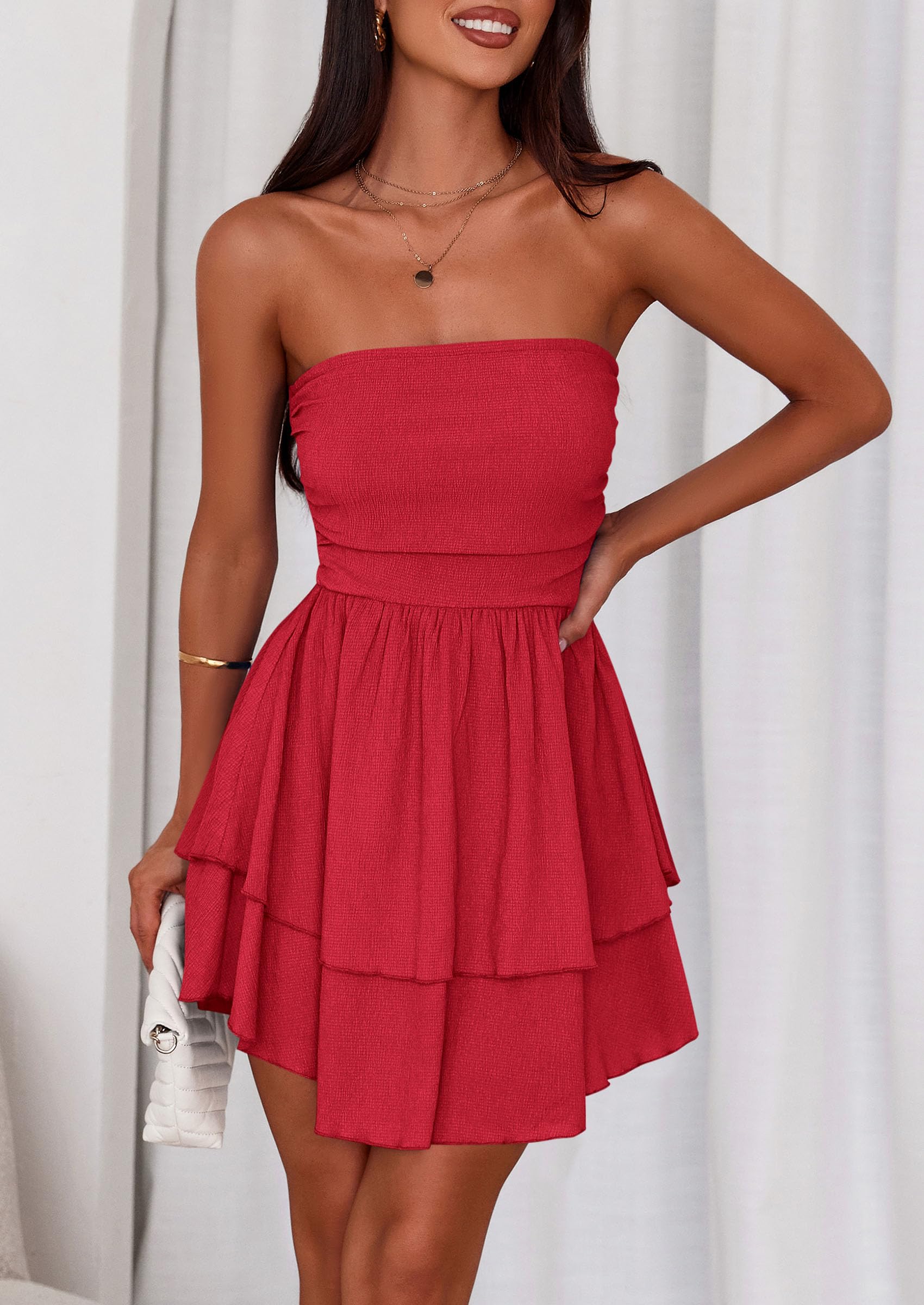 PRETTYGARDEN Women's Summer Strapless Tube Mini Dress Off Shoulder Smocked Ruffle A Line Flowy Short Party Club Dresses