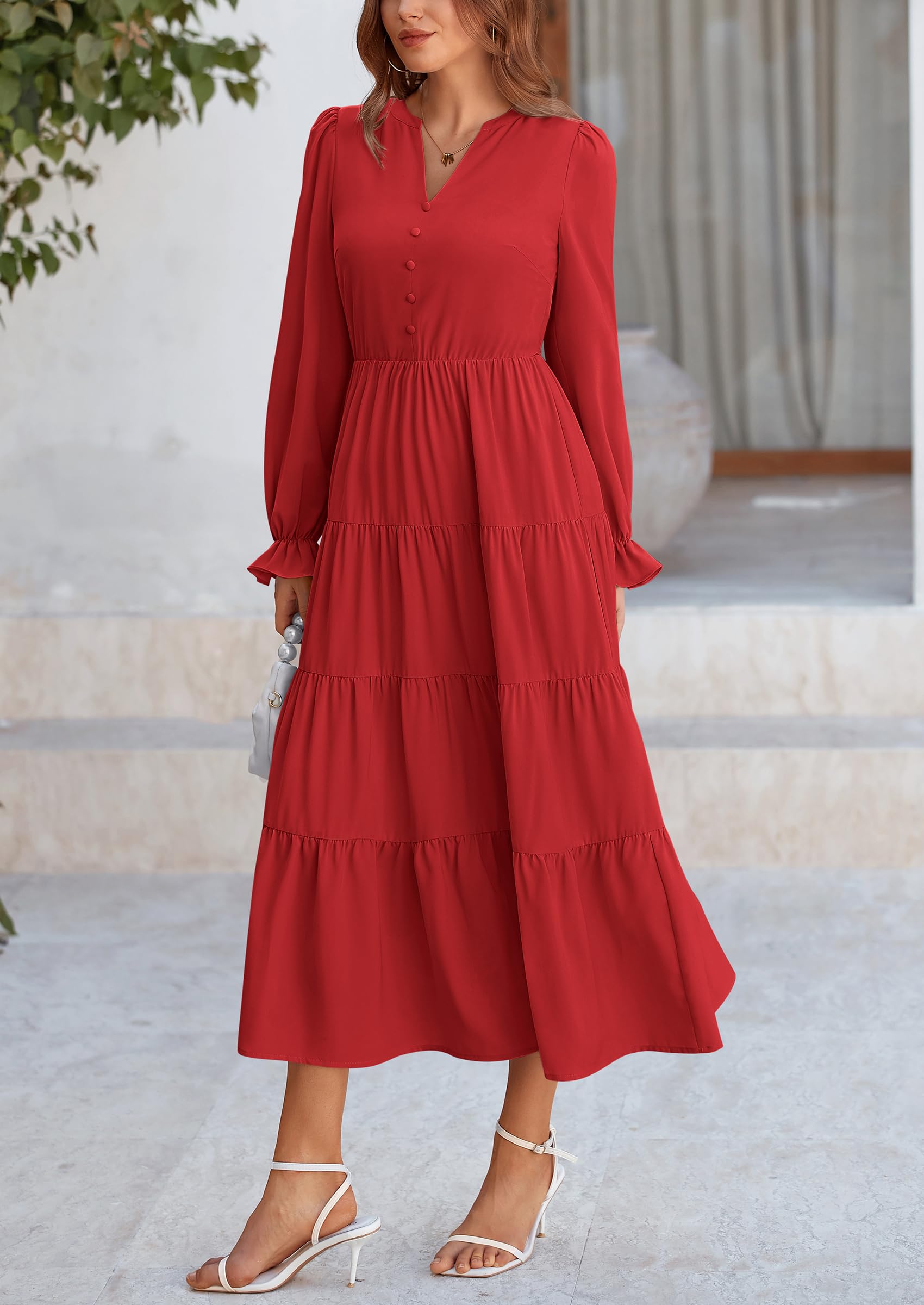 PRETTYGARDEN Women Fall Long Sleeve Smocked Maxi Dress Casual Square Neck Swiss Dot Tiered Ruffle Flowy Spring Pocket Dresses