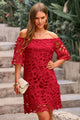 Women's Summer Off Shoulder Vintage Floral Lace Flare Short Sleeve Loose Elegant Mini Dress