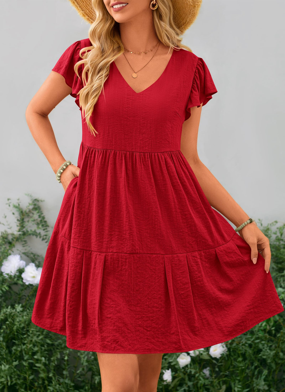 Summer Casual Cap Sleeve V Neck Tiered Ruffle Swing A Line Dresses