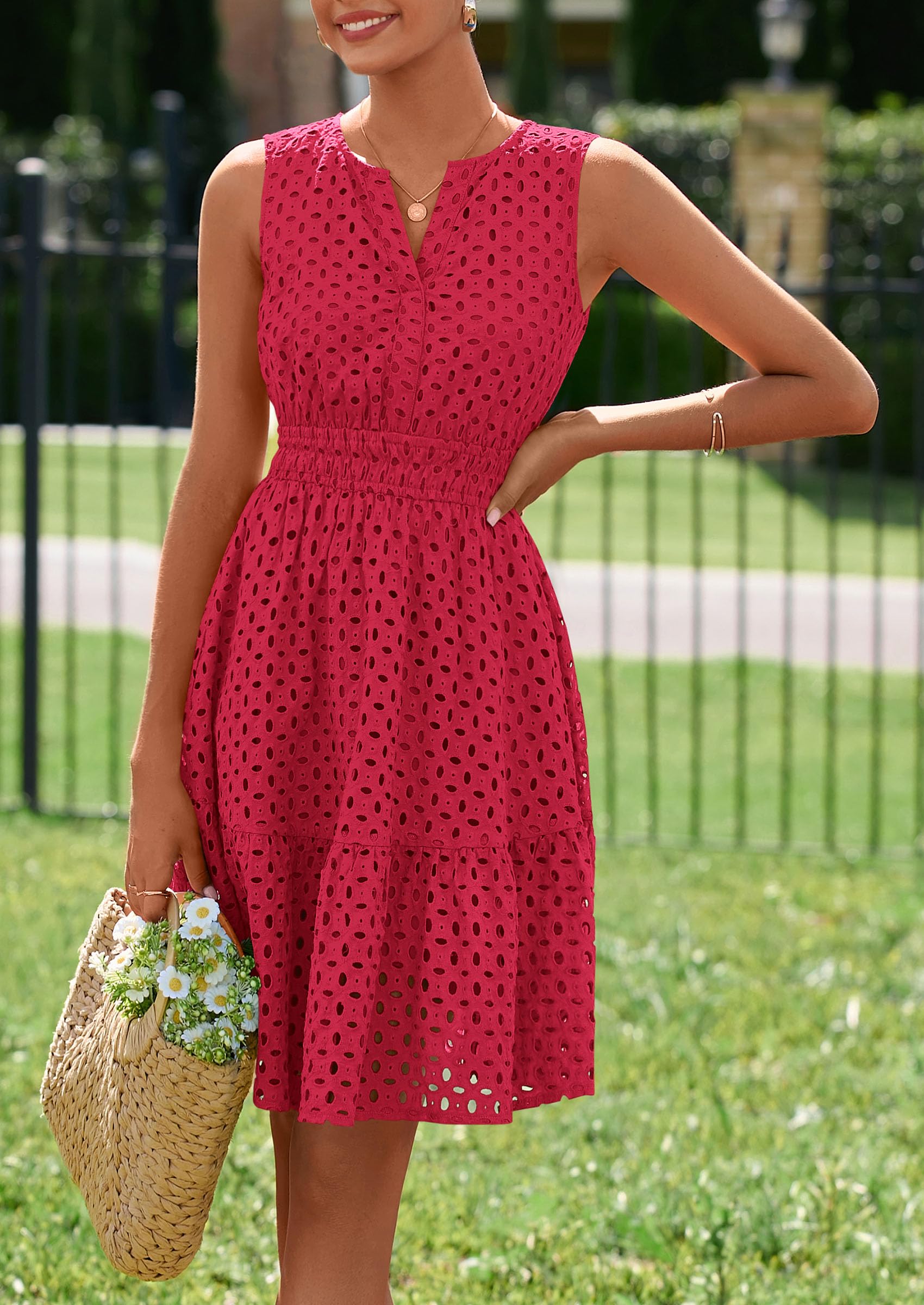 PRETTYGARDEN Women's Summer Dresses Sleeveless V Neck Eyelet Hollow Out Swing A Line Beach Vacation Sun Dress PRETTYGARDEN