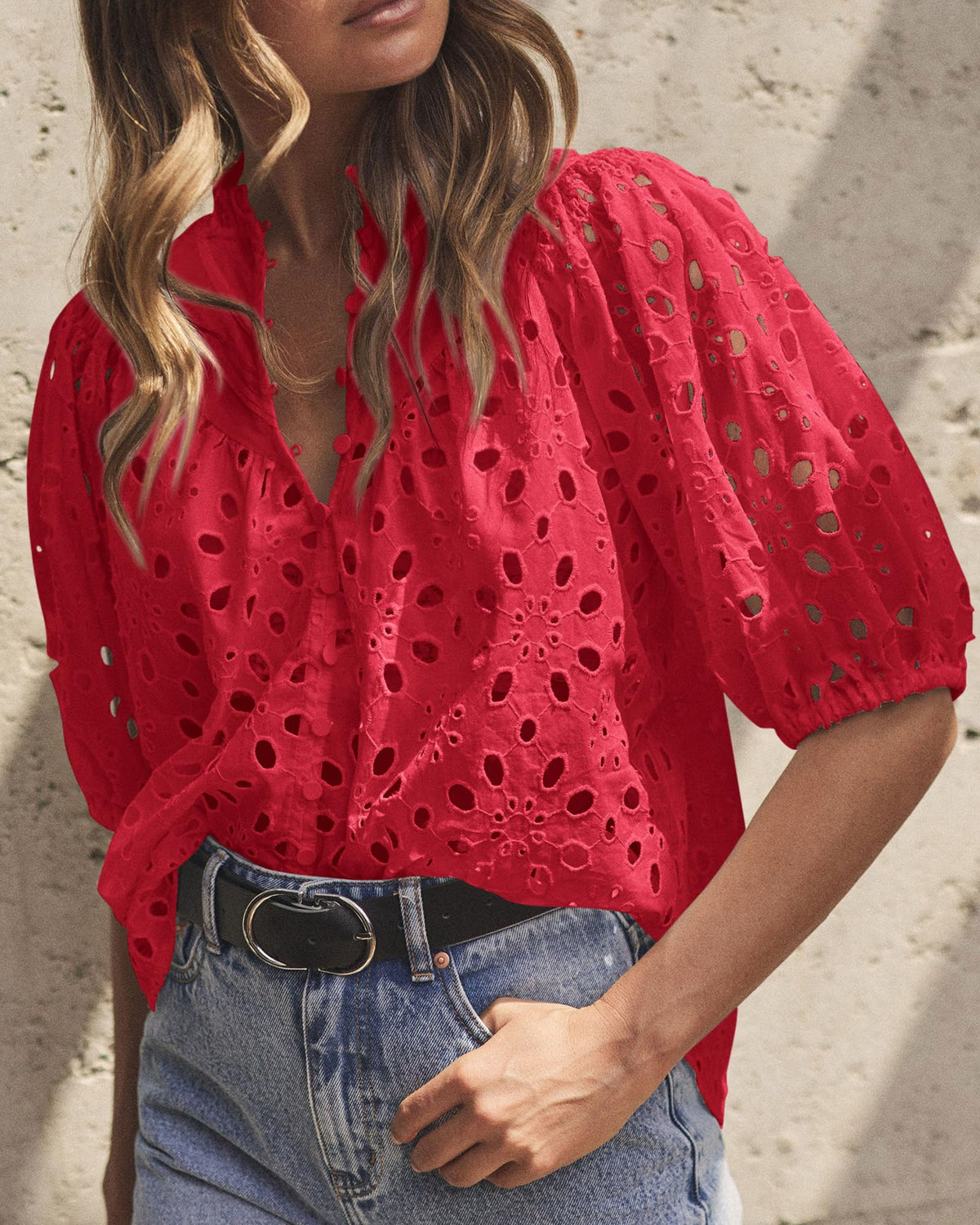 Hollow Out Lace Embroidered Blouse