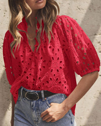 Casual Short Lantern Sleeve V Neck Buttons Hollow Out Lace Embroidered Blouses