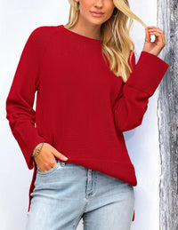 Women's Fall Knit Sweaters Long Sleeve Pullover Crewneck Split Hem Loose Oversized Tunic Sweater Top