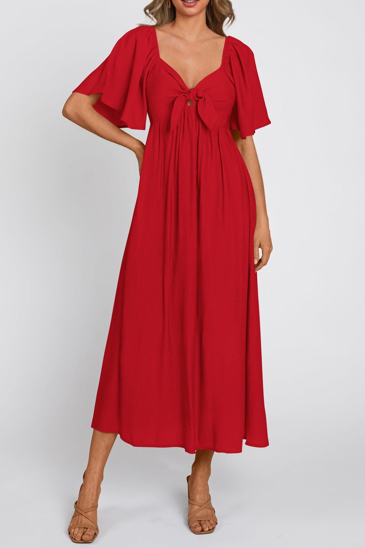 Casual Short Sleeve Bow Tie V Neck Ruffle Midi Flowy Dresses