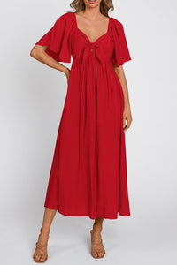 Casual Short Sleeve Bow Tie V Neck Ruffle Flowy Midi Dresses