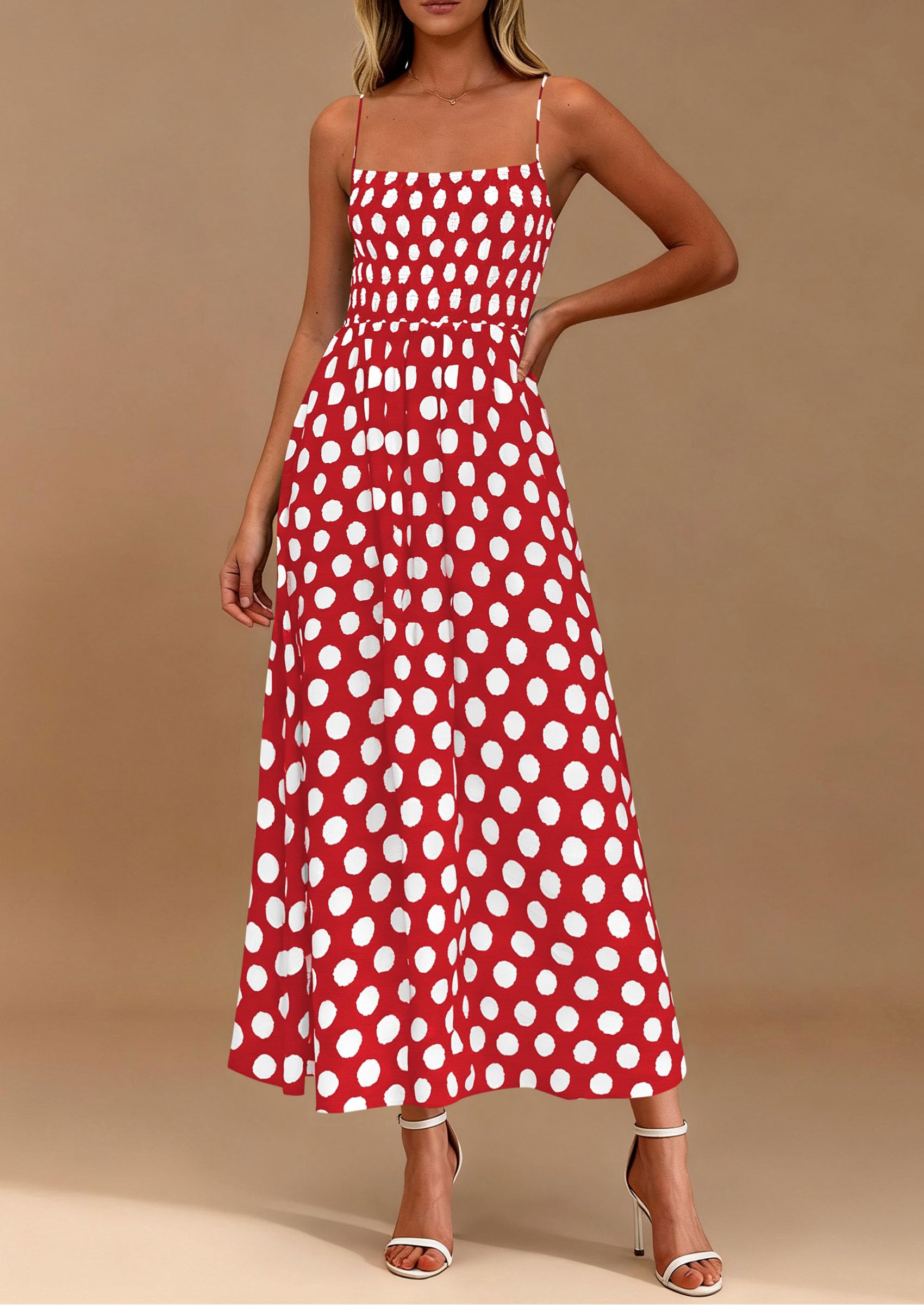 PRETTYGARDEN Womens Summer Dresses Spring Sleeveless Spaghetti Straps Casual Midi Dress Polka Dot Smocked Beach Sundress PRETTYGARDEN