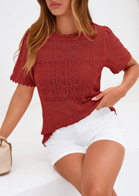 PRETTYGARDEN Women's Short Sleeve Sweater Trendy Crochet Summer Tops Casual Hollow Out Shirts Beach Vacation Clothes PRETTYGARDEN