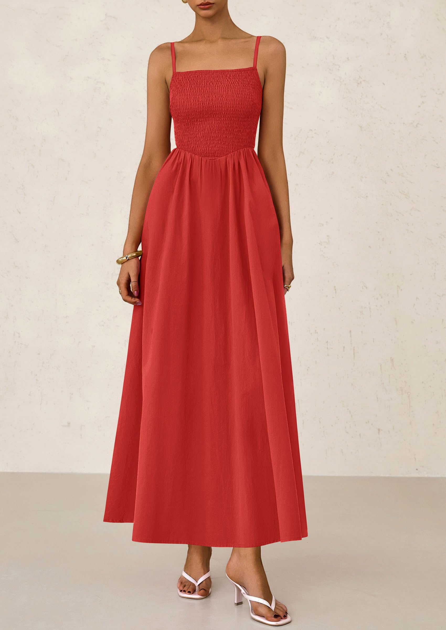 PRETTYGARDEN Women's Smocked Maxi Dresses Beach Sundress Casual Spaghetti Strap Swing A Line Long Flowy Dress