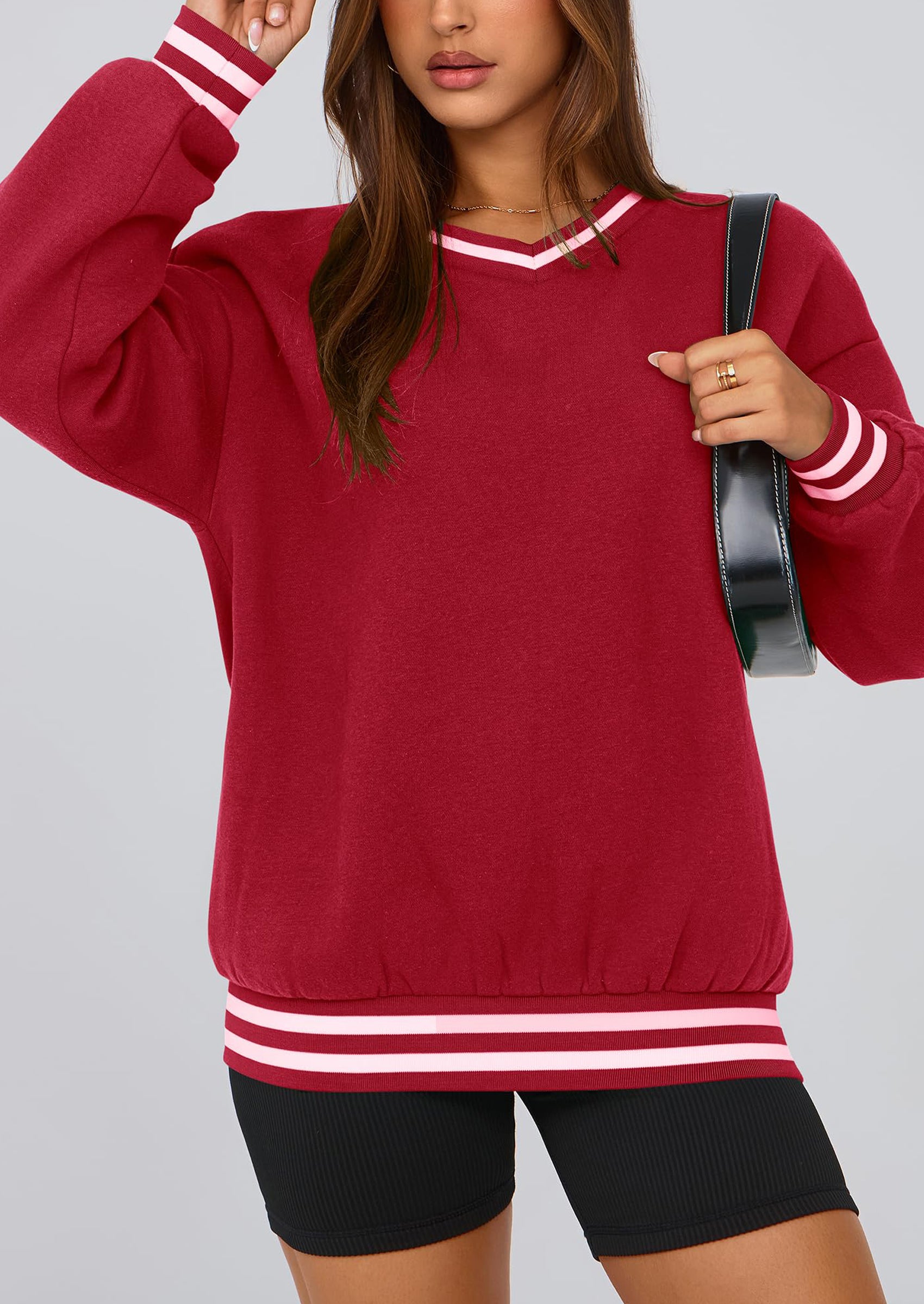 PRETTYGARDEN Women's Oversized Sweatshirts Casual Long Sleeve Stripes Knit V Neck Pullover Top Fall Teens Preppy Clothes