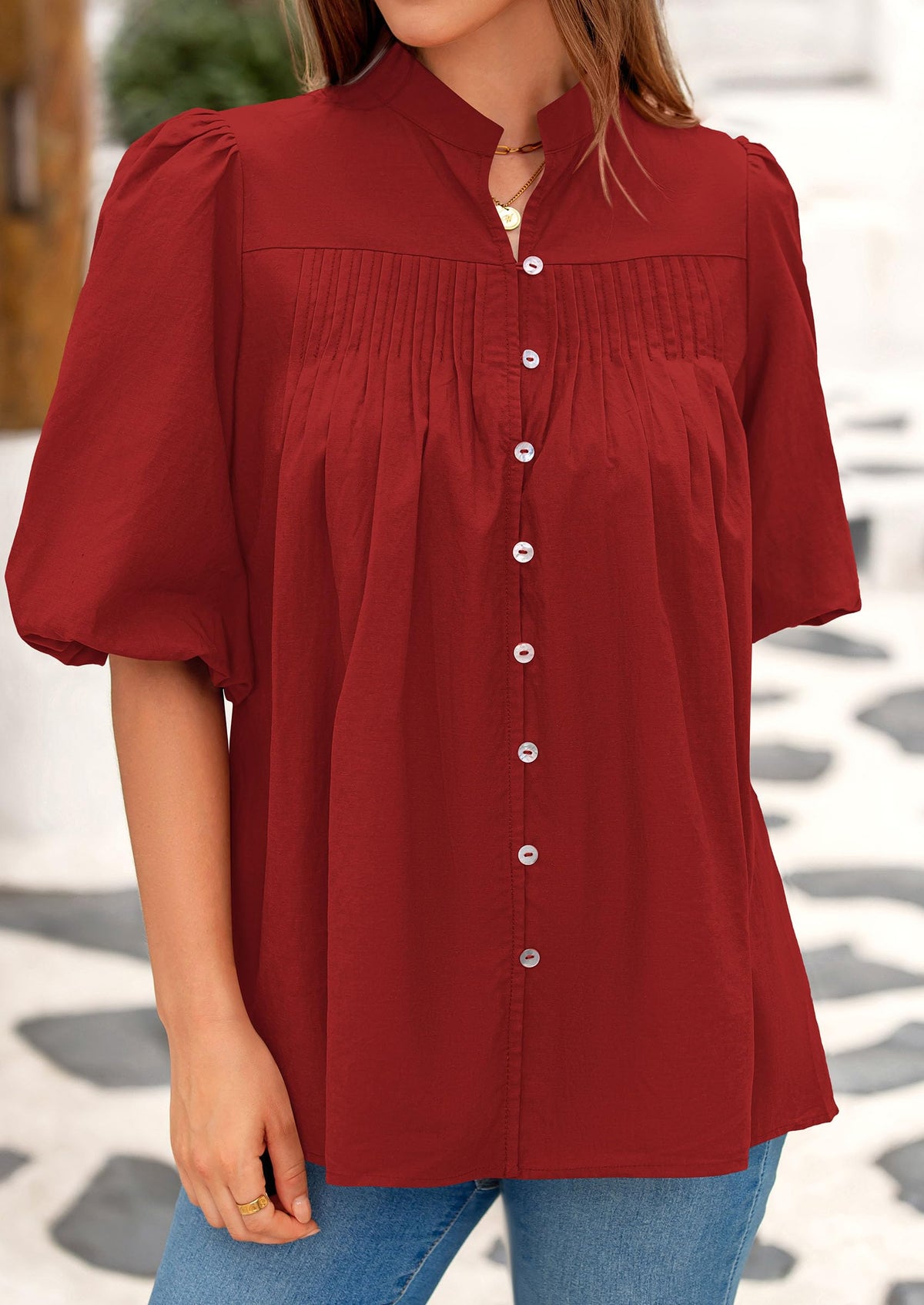 Women's 2025 Summer Short Lantern Sleeve Tops Loose Fit Button Down Shirt Casual Pleated V Neck Blouses