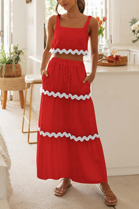 2 Piece Summer Casual Sleeveless Cropped Tank Top High Waisted Maxi Skirt Set