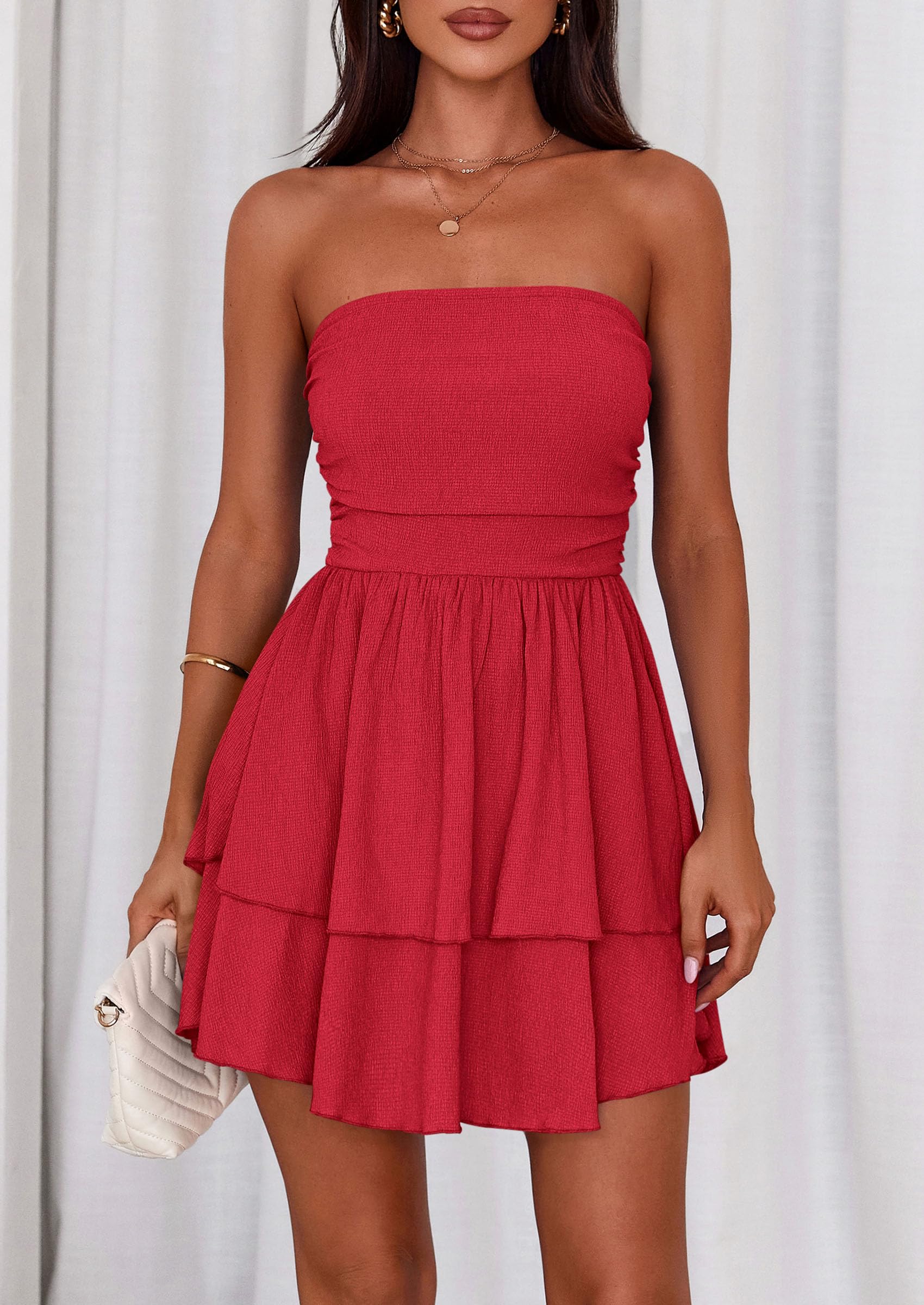 PRETTYGARDEN Women's Summer Strapless Tube Mini Dress Off Shoulder Smocked Ruffle A Line Flowy Short Party Club Dresses