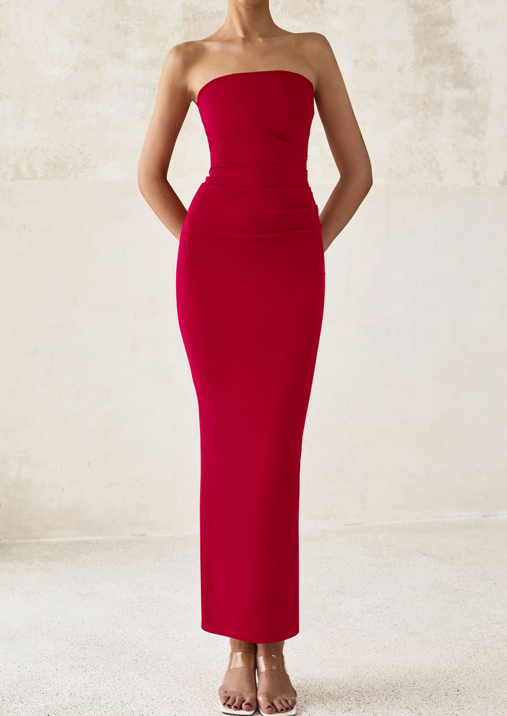 PRETTYGARDEN Women's Semi Formal Cocktail Dresses Strapless Tube Bodycon Ruched Evening Wedding Guest Maxi Dress