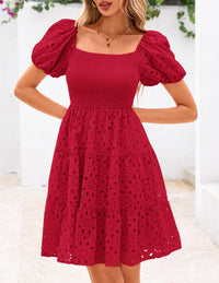 Womens Summer Puff Sleeve Mini Dress Off Shoulder Eyelet Smocked A Line Casual Babydoll Short Dresses