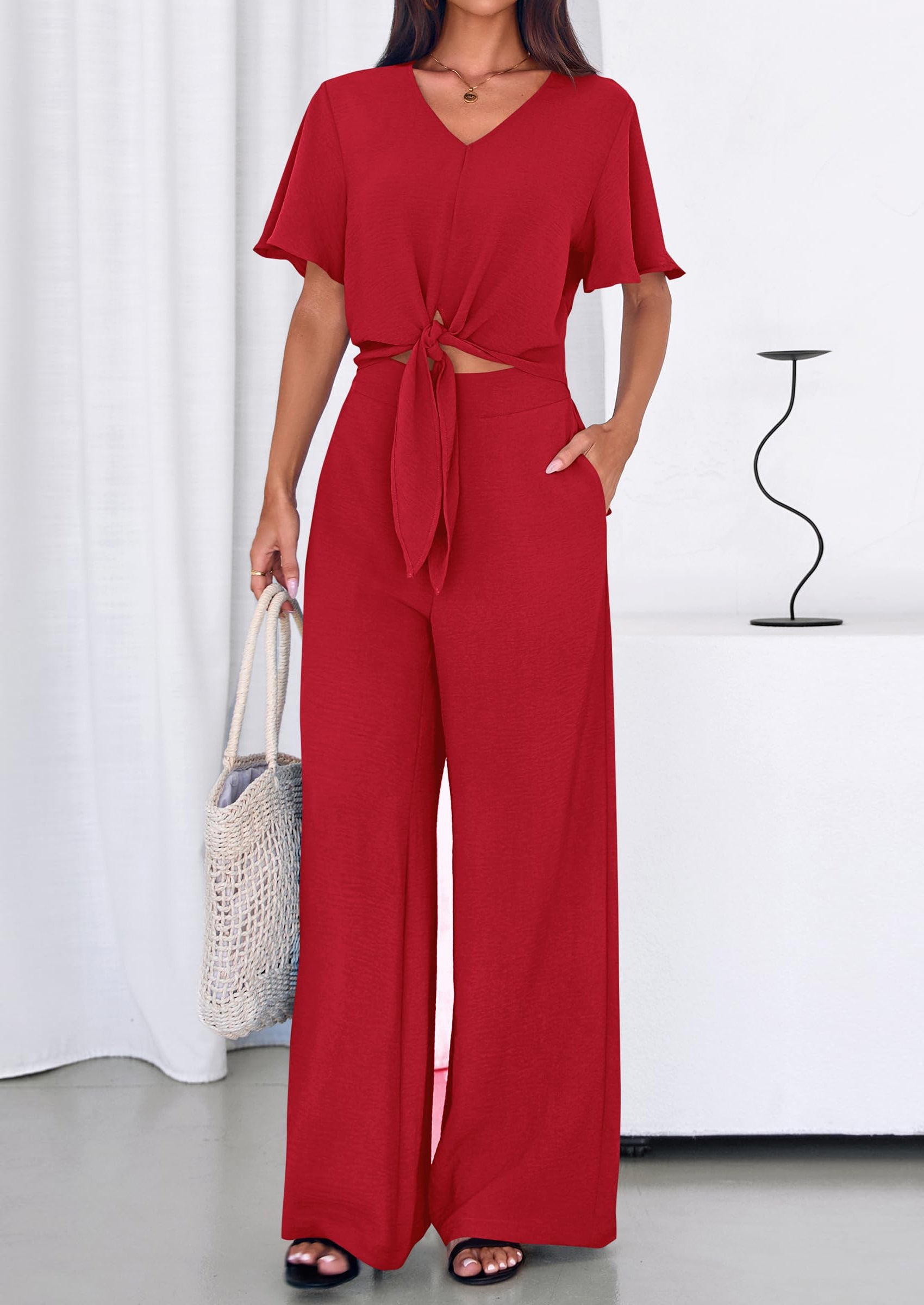 PRETTYGARDEN Women 2 Piece Summer Outfits Short Sleeve Strappy Top Wide Leg Pants Tracksuit Lounge Sets Beach Clothes PRETTYGARDEN