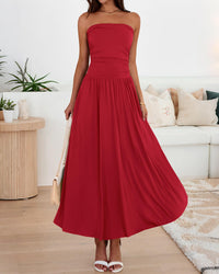 BTFBM Summer Maxi Dresses for Women Strapless Ruched Tube Top Beach Vacation Spring Wedding Guest Dress Pockets PRETTYGARDEN