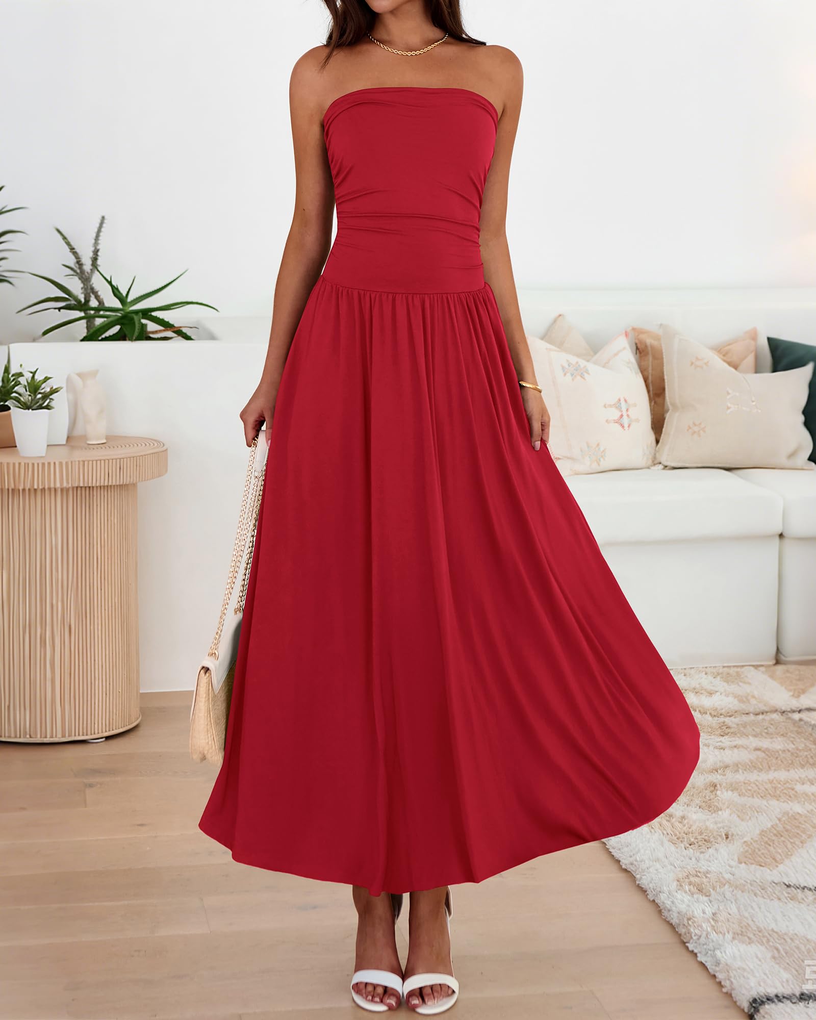 BTFBM Summer Maxi Dresses for Women Strapless Ruched Tube Top Beach Vacation Spring Wedding Guest Dress Pockets PRETTYGARDEN