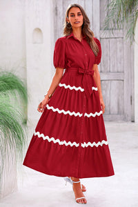 Summer Maxi Button Down Puff Short Sleeve Ruffle Long Flowy Shirt Dresses With Belt