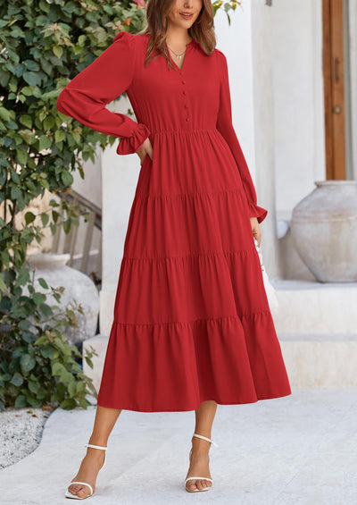 PRETTYGARDEN Women Fall Long Sleeve Smocked Maxi Dress Casual Square Neck Swiss Dot Tiered Ruffle Flowy Spring Pocket Dresses