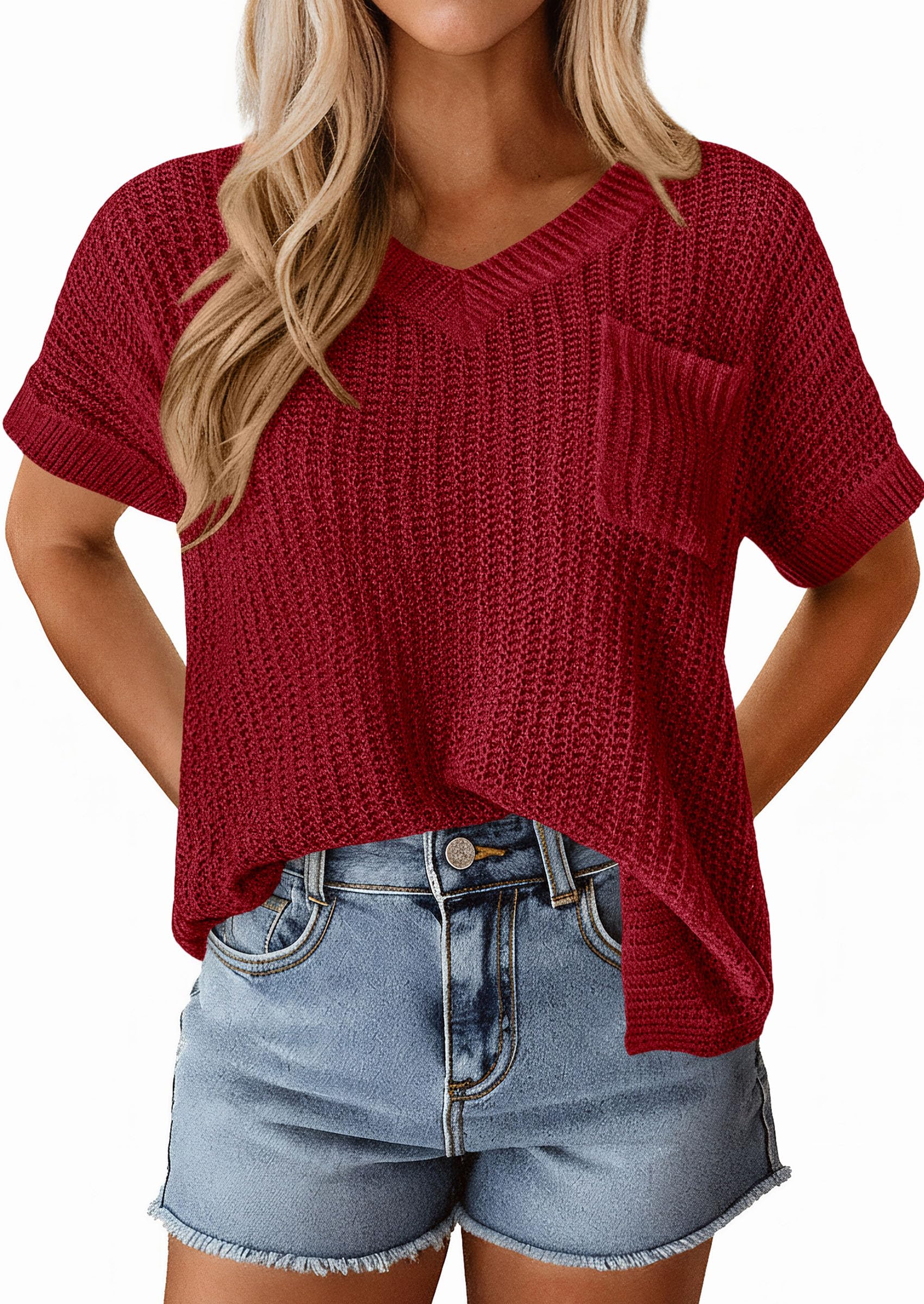 PRETTYGARDEN Women's Spring Short Sleeve Sweaters Lightweight V Neck Casual Going Out Summer T PRETTYGARDEN